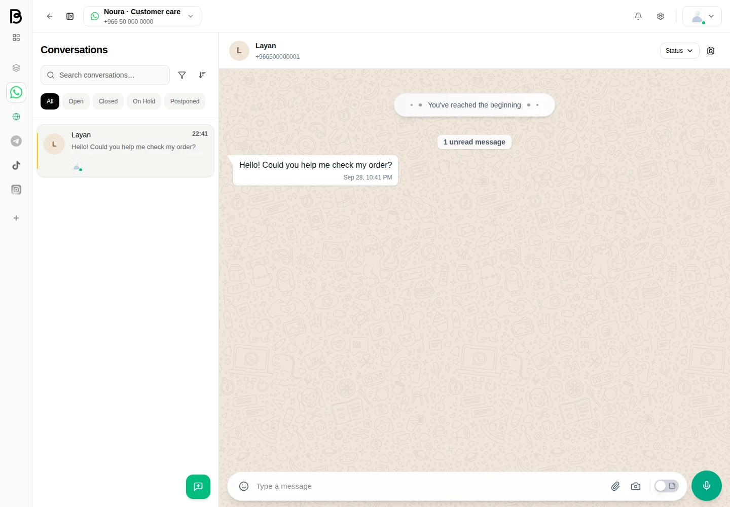 Botat conversations screen in the sample Noura Store workspace