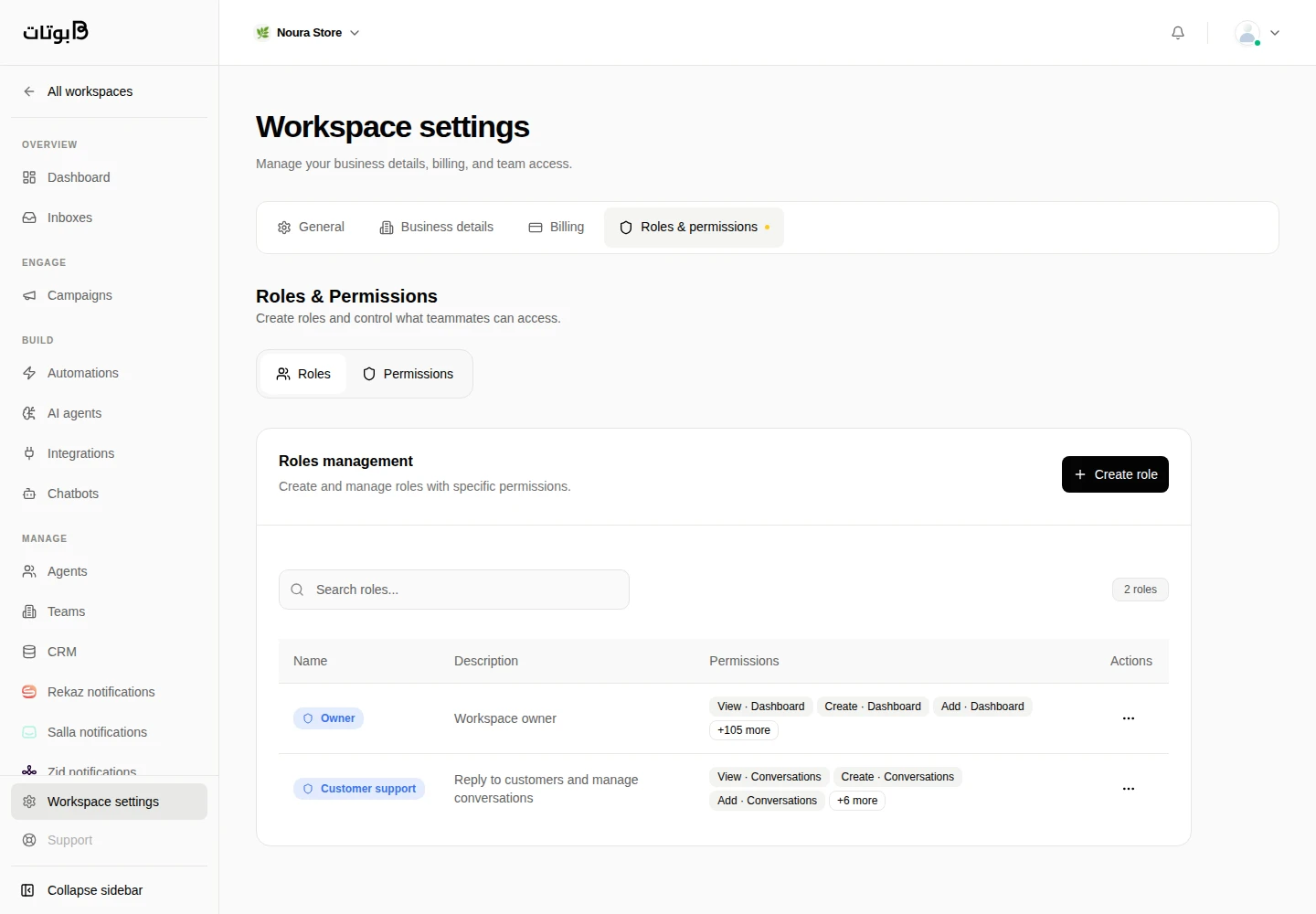 Botat roles screen in the sample Noura Store workspace